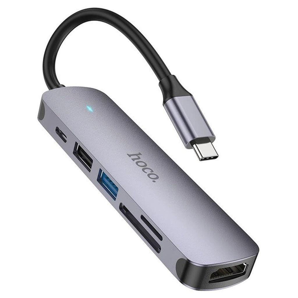 Адаптер HOCO HB28 USB-C to multi, 6 в 1, серый Фото 0