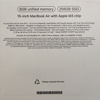 Ноутбук Apple MacBook Air 15" (M3, 8C CPU/10C GPU, 2024), 8 ГБ, 256 ГБ SSD, «сияющая звезда» Фото 6