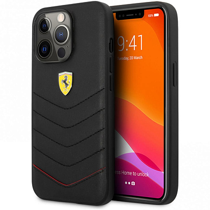 Чехол для смартфона Ferrari GENUINE LEATHER QUILTED & RED EDGE для iPhone 13 Pro, черный Фото 1